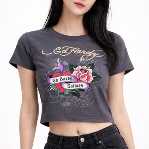 BNWT Ed Hardy Tattoo Rose Graphic Crop T-Shirt Grey Rhinestone Y2K Size M